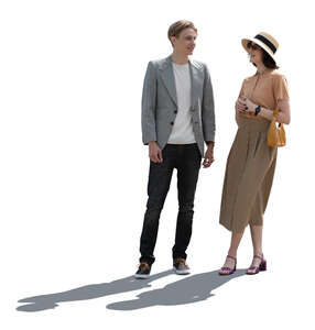 Cut out backlit man and woman standing and talking