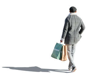 cut out man in a grey overcoat and carrying shopping bags walking 