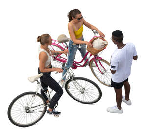 two cut out girls with bikes talking to a man