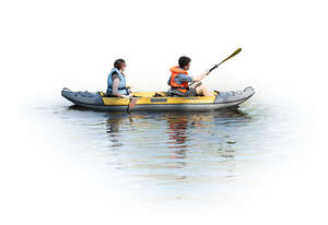 two cut out people paddling with canoe in the water