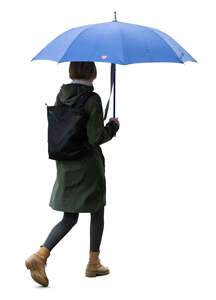 cut out woman with a blue umbrella walking in the rain