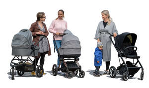 three cut out women with baby carriages standing and talking