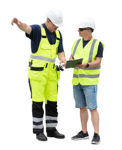 two cut out construction workers discussing plans