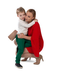 cut out woman squatting and hugging her son