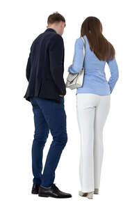 cut out man and woman standing and looking smth at a counter