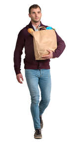 cut out man walking and carrying bag of groceries
