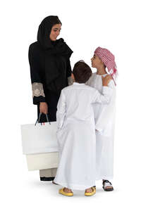 cut out arab woman standing and talking with her two sons