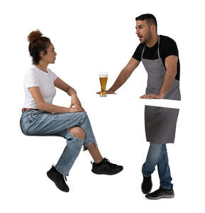cut out woman sitting at a bar and talking to a bartender