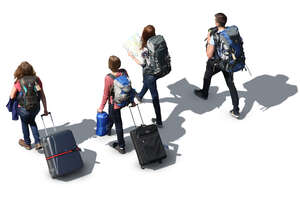 four people with suitcases seen from above