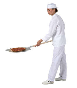 cut out female cook taking a pizza out of the oven