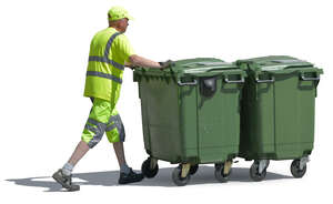 worker pushing carbage bins