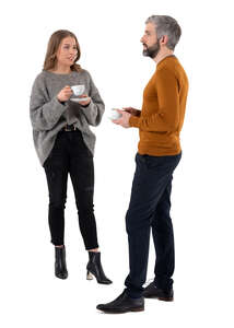 cut out man and woman standing and drinking coffee