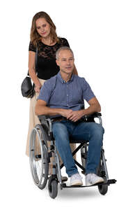 cut out woman pushing a man sitting in a wheelchair