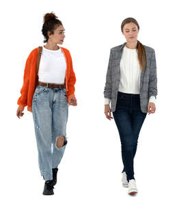 two cut out women walking and talking