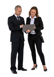 two cut out businesspeople standing and discussing