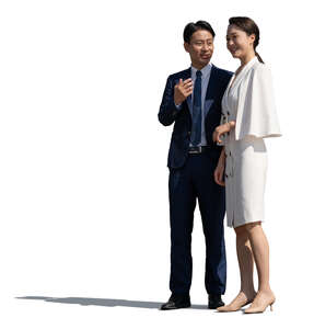 cut out asian man and woman standing and talking happily