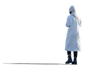 cut out woman in a light grey winter coat walking