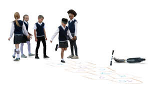 cut out group of schoolchildren playing hopscotch