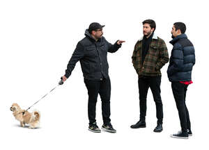 three cut out men with a dog standing and talking