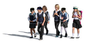 cut out group of kids in school uniforms walking and talking