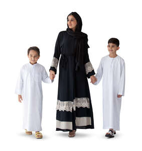 cut out arab woman walking hand in hand with her two sons