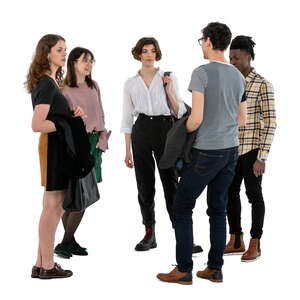 cut out group of five people standing and talking