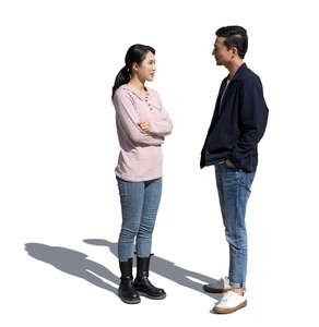 two cut out asian people standing and talking