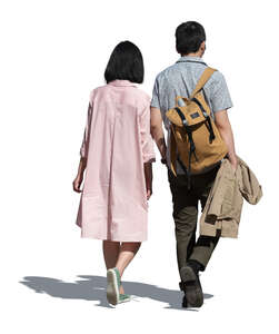 cut out asian woman and man walking on a summer day