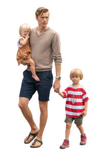 cut out man with two small kids walking