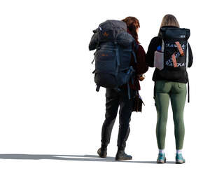 two cut out women with big hiking backpacks standing