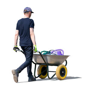 cut out young man pushing a barrow with watering cans