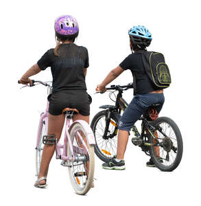 two cut out kids with bikes stopping while riding