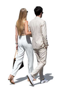 cut out elegant couple in white summer clothing walking