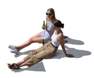 two cut out women sitting on a terrace and talking seen from above