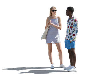 two cut out backlit people standing and talking