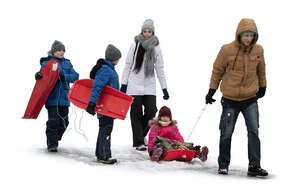 cut out family in winter going sledging