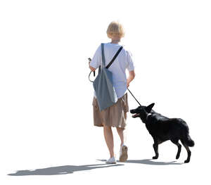 cut out backlit woman walking a dog