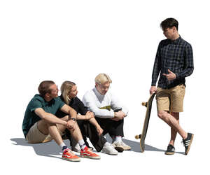 cut out group of young people sitting on the sidewalk and talking to a man