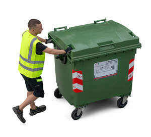 cut out workman pushing a garbage bin seen from above