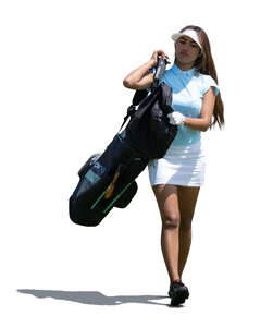 cut out woman with golf gear bag walking