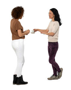 two cut out women drinking coffee at a bar counter