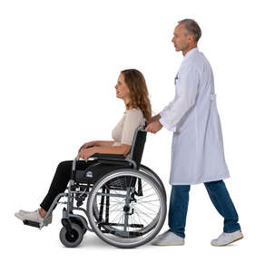 cut out doctor pushing a woman in a wheelchair