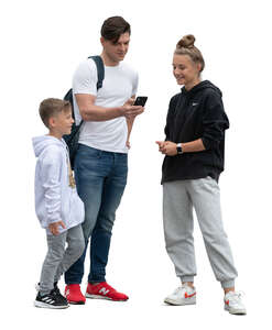 cut out man with two kids standing and checking his phone