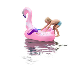 cut out little boy going to swim with a pink famingo floatie