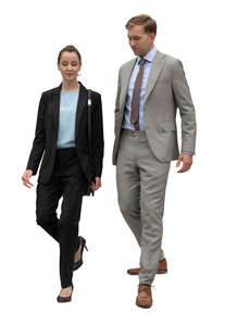 two cut out business style people walking down the stairs