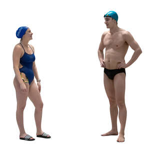 two cut out swimmers standing and talking after training