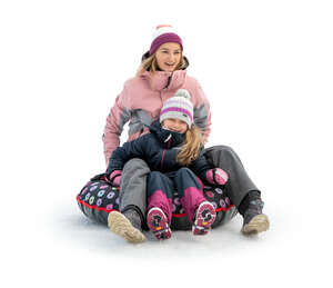 cut out mother and daughter snow tubing