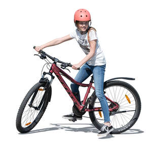 cut out girl with a bicycle pausing while riding