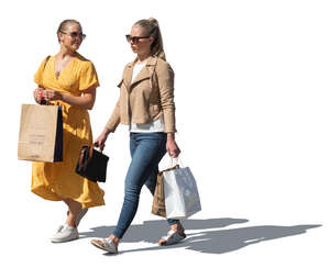 two cut out young women with shopping bags walking and talking