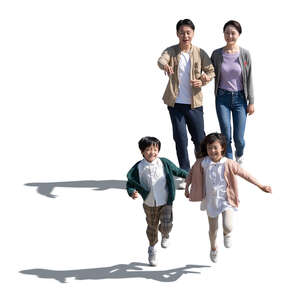 cut out asian family with tow happy kids walking seen froma above